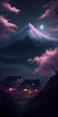 Wall Mural - Mountain in the moon light with Sakura trees