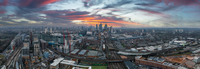 Fototapete - Aerial London Skyline view near Battersea Power Station in London. Cloudy weather over London.