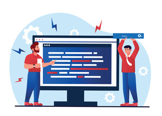 Wall Mural - Programming and web design. Modern technologies and digital world, IT specialists and programmers write code for site, develop programs, software and applications. Cartoon flat vector illustration