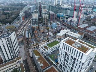 Fototapete - Aerial London Skyline view near Battersea Power Station in London. Cloudy weather over London.