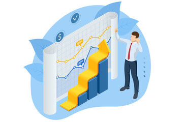 Isometric Concept of Economic Growth and Analytics. Profit Money or Budget. Employee Making Investing Plans, Calculating Benefits