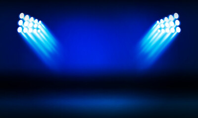 Wall Mural - Abstract show led light concert stage with blue beam two light illuminating empty space, panoramic on black background with banner stadium vector design.