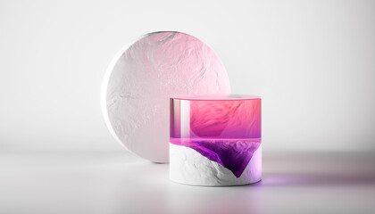 3d render abstract podium on white background. Gem stones pedestal for product design display. Isolated crystals. Empty showcase promotion mock up. Minimal blue transparent pink quartz round stage.