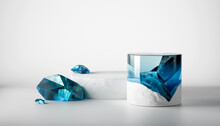 3d Render Abstract Podium On White Background. Gem Stones Pedestal For Product Design Display. Isolated Crystals. Empty Showcase Promotion Mock Up. Minimal Blue Transparent Glass Round Stage.