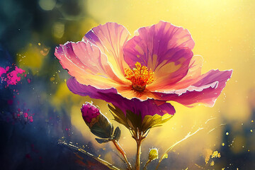 Wall Mural - Watercolor spring flowers on a green meadow illuminated by the sun's rays. Spring background. Close-up of grass and blooming flower. Nice light of the rising sun. Seasonall backdrop. Generative AI.