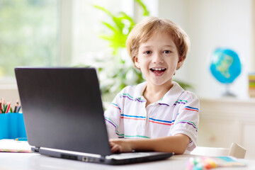 Poster - Online remote learning. School kids with computer.