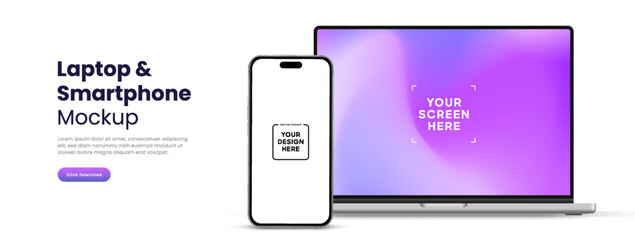 Poster - Modern laptop mockup front view and smartphone mockup high quality isolated on white background. Notebook mockup and phone device mockup for ui ux app and website presentation Stock Vector.