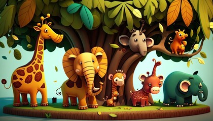 Jungle Playtime: A fun and lively scene of cute animals having fun on the branches in the tropics. The animals full of energy, each with unique expressions and poses. The mood is light generative ai