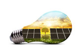 Fototapeta Mapy - Eco LED light bulb with solar energy panels isolated on transparent background, PNG. Concept of green energy.	