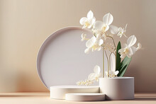 3D Podium, Pedestal Round Frame On Beige Background With Vases Of White Orchid Flowers. Fresh Beauty Or Tropical Summer Vibes With Copy Space. Holiday, Vacation 3d Render With Empty Space	
