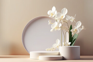 3d podium, pedestal round frame on beige background with vases of white orchid flowers. fresh beauty