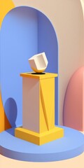 Poster - Scene in the background with a podium, a simple mock up product display, and a geometric shape item. Generative AI