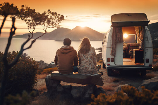 young couple sits on a hill above the sea next to their camper van and looks at the sunset, generati