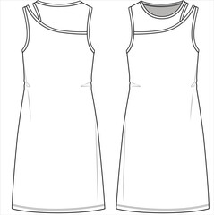 Wall Mural - FRONT AND BACK SKETCH OF SLEEVLESS KNEE LENGTH KNIT DRESS WITH CUT OUT SHOULDER DETAIL FOR TEEN GIRLS, YOUNG WOMEN AND WOMEN IN VECTOR ILLUSTRATION