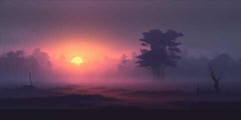 Wall Mural - Early morning Fog. Twilight Golden Hour Landscape. Foggy. Trees. Generative AI.