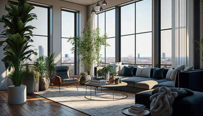 zoom background: a modern penthouse living room with large windows, generative ai