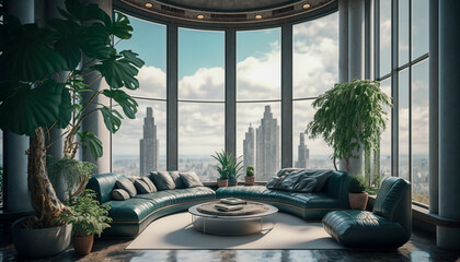 Wall Mural - Zoom background: a futuristic round penthouse living room, Generative AI