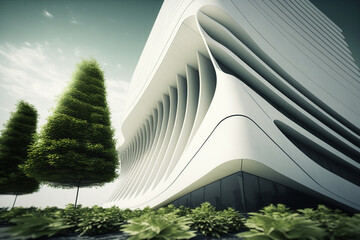 Stylish white modern building with smooth facade lines with green plants, building project of the city of the future, infrastructure development and green eco among the city streets. Generative AI