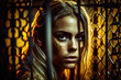 © J S - Rich sad unhappy beautiful woman portrait inside a golden cage, living imprisoned, copy space, generative AI