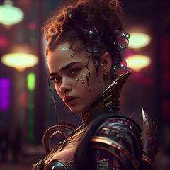 Wall Mural - Portrait of a sci-fi cyberpunk girl. High-tech futuristic woman from the future. The concept of virtual reality and cyberpunk. Generative AI Art.