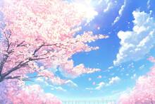 Cherry Blossoms, Blue Sky And White Clouds, Generative AI
