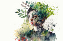 Double Exposure Portrait Woman With A Plants And Leaves. Colorful Creative Watercolor Illustration. Generative Ai