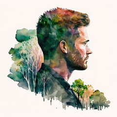 Portrait of a man double exposure with trees and plants. Creative watercolor illustration. Generative Ai