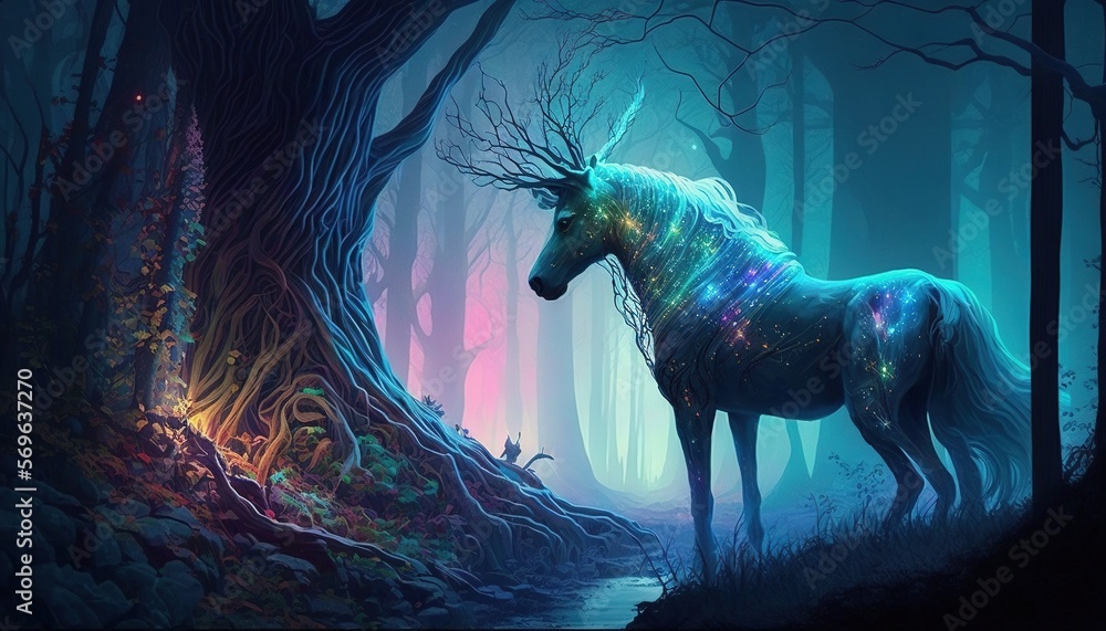 a unicorn standing in the middle of a forest next to a tree with ...