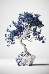 Poster -  a blue and white bonsai tree in a white vase on a white tablecloth with a white background and a white wall in the background.  generative ai