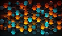  An Abstract Background With Hexagonal Shapes In Orange, Blue, And Yellow Colors On A Dark Background With A Black Background And A Red Light At The Top.  Generative Ai