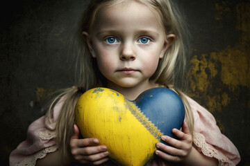 Ukrainian little blond girl with sad expression holding a heart of Ukraine, created with generative AI tools