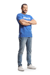 Poster - Full length portrait of a young man wearing a blue volunteer t-shirt and posing