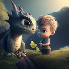 Sticker - little child with a dragon illustration