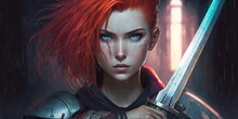 Portrait Of A Young, Attractive Cyberpunk Girl Who Is Looking At The Camera While Carrying A Futuristic Samurai Sword From Japan. A Female With Blue Eyes And Short Red Hair. Against A Gloomy Backdrop
