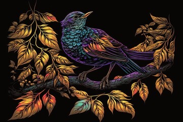 Wall Mural -  a colorful bird sitting on a branch of a tree surrounded by leaves and branches on a black background with a yellow and orange outline of leaves.  generative ai