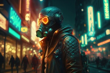 Wall Mural -  a man wearing a gas mask and a gas mask on a city street at night with neon signs in the background and people walking on the sidewalk.  generative ai