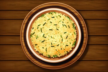 Sticker - pilaf in a plate on wooden background, top view, copy space . Generative AI