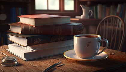  a stack of books sitting on top of a wooden table next to a cup of coffee on top of a saucer next to a stack of books.  generative ai