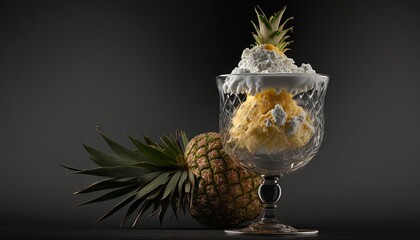 Poster -  a pineapple and whipped cream in a goblet with a pineapple on the side of the goblet and a pineapple on the side.  generative ai