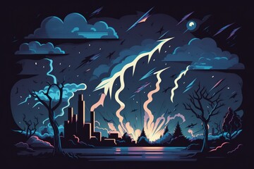 Wall Mural - Thunderstorms with lightning flashed over the night sky. Weather and catastrophes related idea (hurricane, Typhoon, tornado, storm). Generative AI