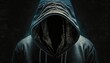  a man in a hooded sweatshirt with a hoodie on his head and a hoodie over his face, in a dark room with a black background. Generative AI