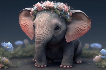 Wall Mural - Beautiful elephant kid with flower crown. Wildlife colorful portrait wallpaper. Wild animal baby Generative AI.