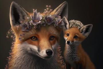 Wall Mural - Beautiful fox mother and baby fox animals with flower crown. Wildlife Mother’s Day greeting poster Generative AI.