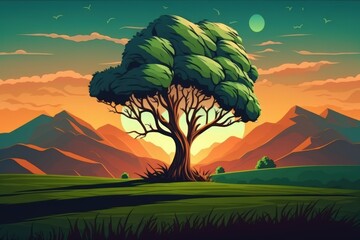 Wall Mural - Tree on green grass, blue sky, and mountains in the distance light at sunset or sunrise. Generative AI