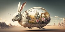 Surreal Illustration Of White Easter Bunny Levitating In The Desert With An Easter Egg On His Back