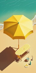 Wall Mural - Yellow beach umbrella and sunbed on sandy coast near sea, aerial view. Space for text. Generative AI