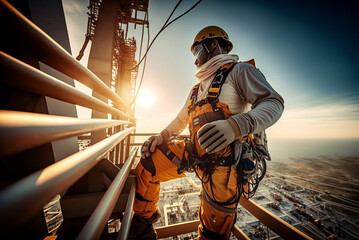 construction engineer worker at heights,architecture sci-fi construction working platform on top of building, suspended cables, fall protection and scaffolding installation,generative ai.