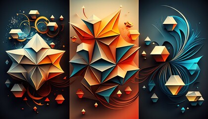  a series of three abstract banners with different shapes and sizes of paper on a black background with a blue and orange background and a red and yellow one.  generative ai