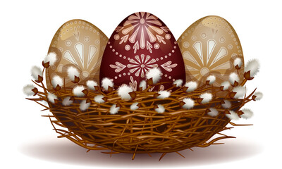 Wall Mural - Empty bird's nest from blooming willow branches, traditional festive easter eggs in nest, design element for merry easter holiday