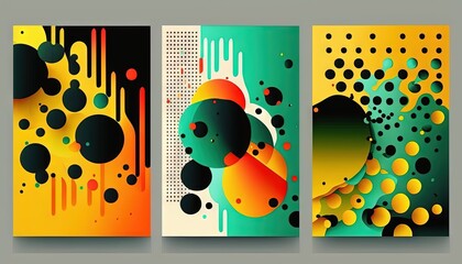 Canvas Print -  a set of three abstract banners with circles and dots on a gray background with a black and yellow background and a green and yellow background. Generative AI